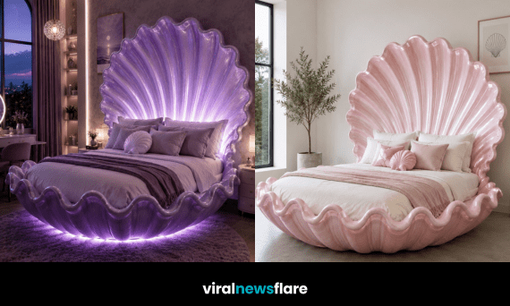 Stunning luxury seashell bed with illuminated shell headboard creating an elegant coastal-inspired bedroom retreat.