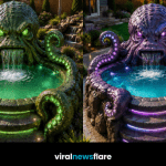 Luxury octopus hot tub with glowing LED lighting, cascading waterfall and sculpted tentacles creating a dramatic centrepiece for a modern garden.