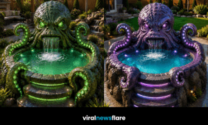 Luxury octopus hot tub with glowing LED lighting, cascading waterfall and sculpted tentacles creating a dramatic centrepiece for a modern garden.