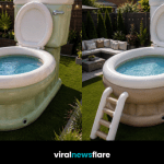 Colourful inflatable toilet paddling pools displayed in modern landscaped gardens as a fun and unique summer outdoor trend.