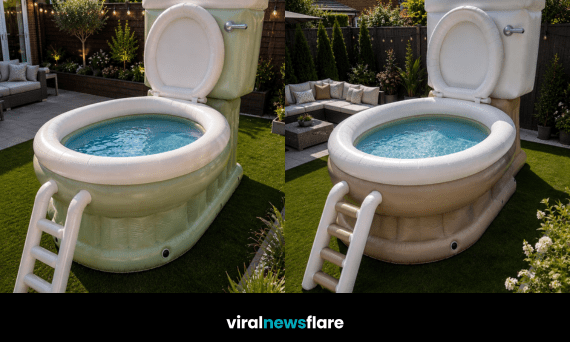Colourful inflatable toilet paddling pools displayed in modern landscaped gardens as a fun and unique summer outdoor trend.