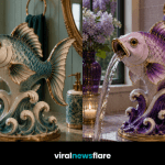 Collection of luxury fish-shaped bathroom faucets in purple, gold, blue and turquoise creating elegant statement sink designs.