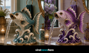 Collection of luxury fish-shaped bathroom faucets in purple, gold, blue and turquoise creating elegant statement sink designs.