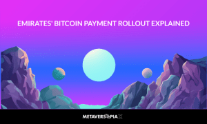 Illustration representing Emirates' Bitcoin payment rollout with a futuristic digital landscape, highlighting the growing adoption of cryptocurrency payments in the travel industry.