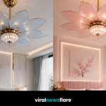 Elegant flower petal ceiling lights in luxury modern bedrooms featuring gold finishes and sophisticated interior design.