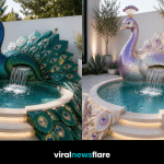 Luxury peacock hot tub with waterfall creating an elegant outdoor spa centrepiece in a contemporary garden.