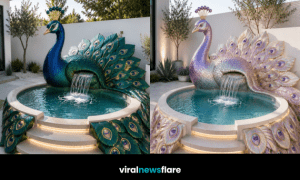 Luxury peacock hot tub with waterfall creating an elegant outdoor spa centrepiece in a contemporary garden.