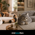 Luxury collection of realistic cat-shaped plush sofas in tuxedo, calico, grey and tabby designs for modern home interiors.
