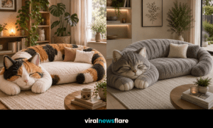 Luxury collection of realistic cat-shaped plush sofas in tuxedo, calico, grey and tabby designs for modern home interiors.
