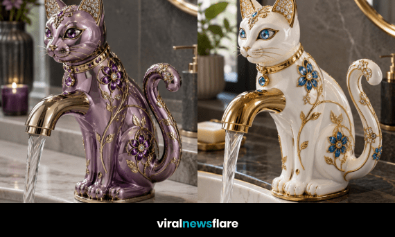 Collection of luxury taps featuring elegant ceramic finishes, gold detailing and floral gemstone designs for modern bathrooms.