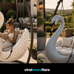 Collection of luxury swan hanging chairs in white, black and bronze finishes showcasing elegant outdoor seating for stylish gardens.