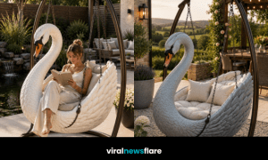Collection of luxury swan hanging chairs in white, black and bronze finishes showcasing elegant outdoor seating for stylish gardens.