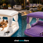 Luxury inflatable floating daybed in stylish colours bringing resort-inspired comfort and shade to modern swimming pools.