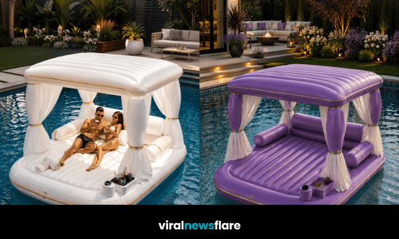 Luxury inflatable floating daybed in stylish colours bringing resort-inspired comfort and shade to modern swimming pools.