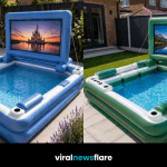 Luxury inflatable movie screen pool with built-in outdoor cinema screen creating the ultimate garden entertainment experience.