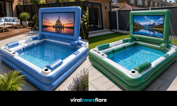 Luxury inflatable movie screen pool with built-in outdoor cinema screen creating the ultimate garden entertainment experience.