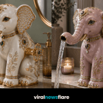 Luxury elephant faucets in elegant porcelain finishes with gold detailing, artistic trunk spouts and gemstone accents for designer bathrooms.