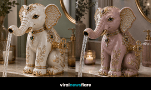 Luxury elephant faucets in elegant porcelain finishes with gold detailing, artistic trunk spouts and gemstone accents for designer bathrooms.