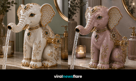 Luxury elephant faucets in elegant porcelain finishes with gold detailing, artistic trunk spouts and gemstone accents for designer bathrooms.