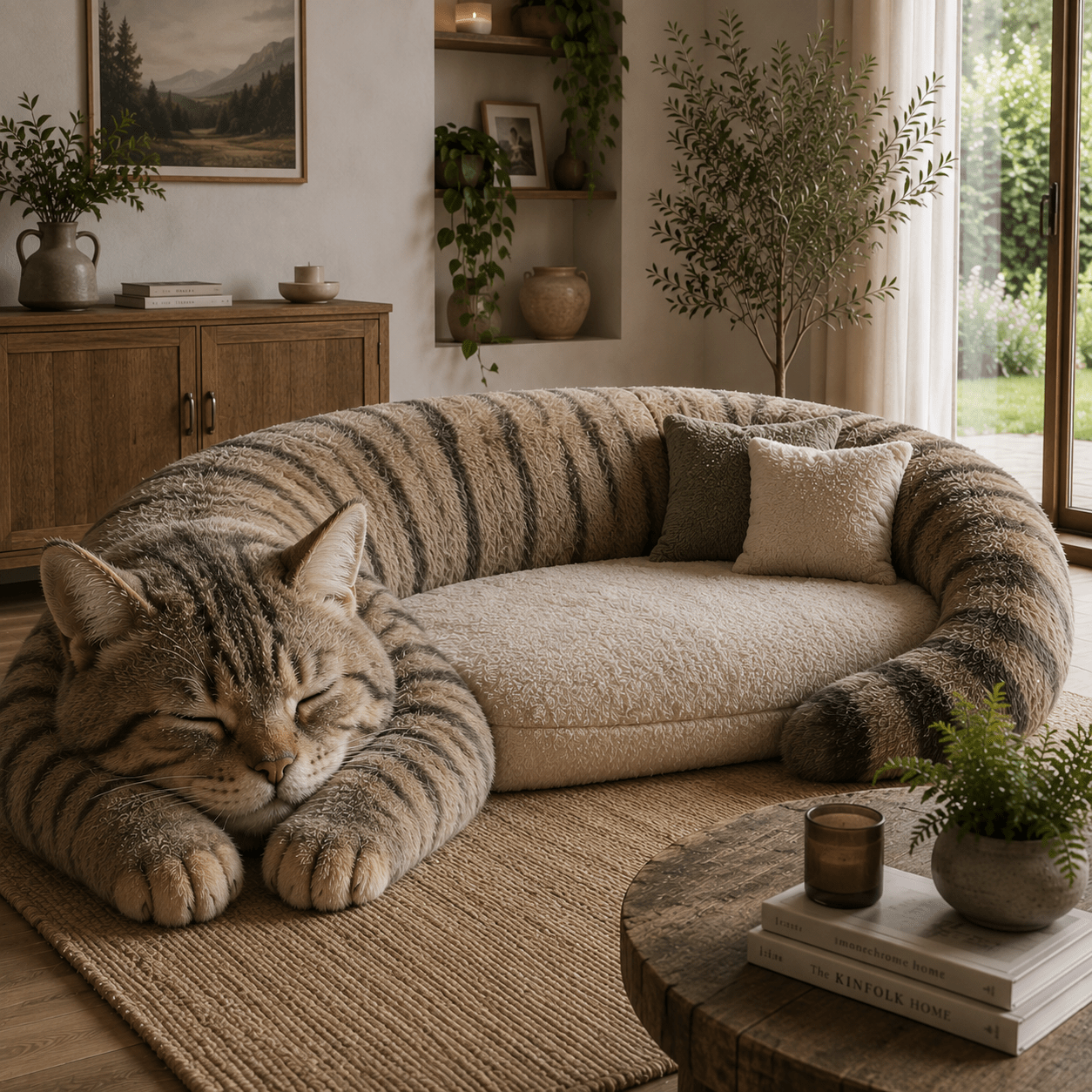 Realistic tabby cat-shaped plush sofa creating a cosy statement feature in a stylish home.