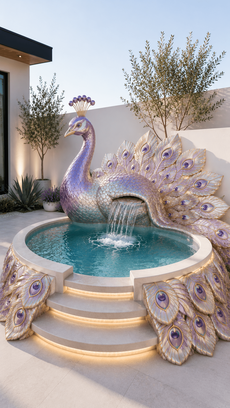Elegant pearl and lavender peacock hot tub with waterfall feature in a modern landscaped garden.