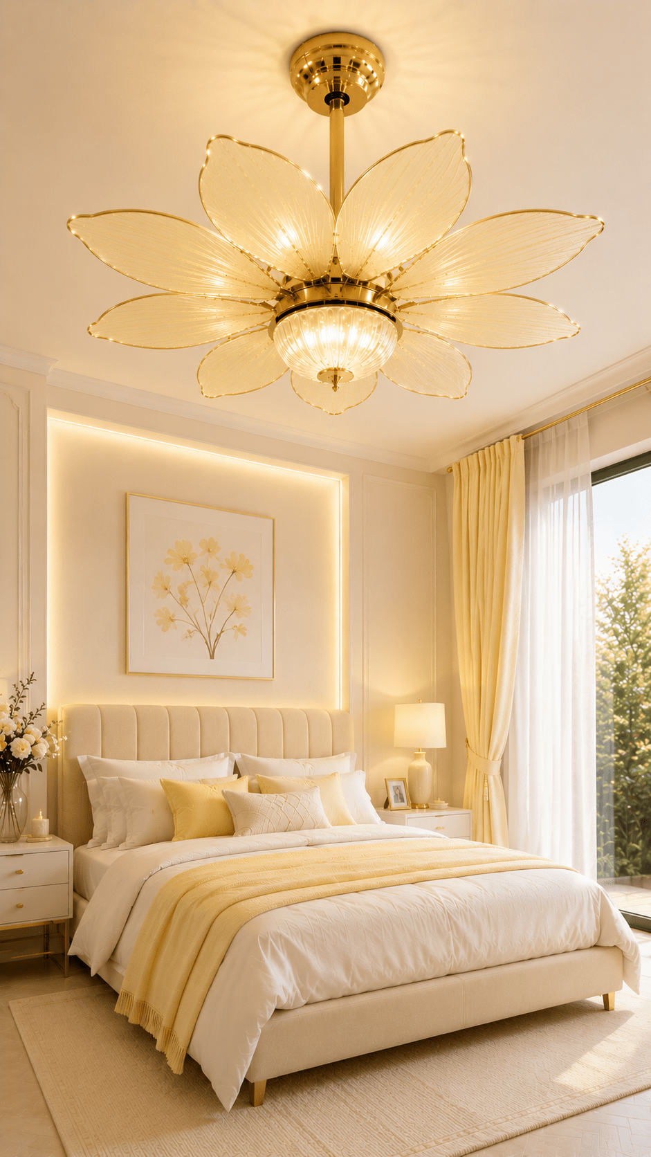 Warm yellow bedroom with elegant flower petal ceiling light, gold detailing and luxury contemporary furnishings.