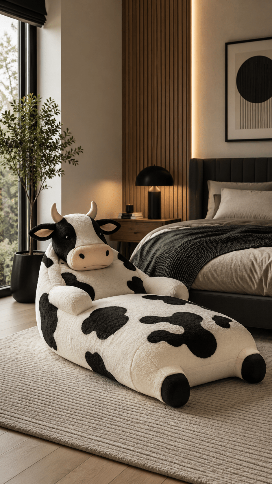 Luxury cow-shaped plush sofa with soft teddy fabric placed inside a stylish modern bedroom with warm lighting.