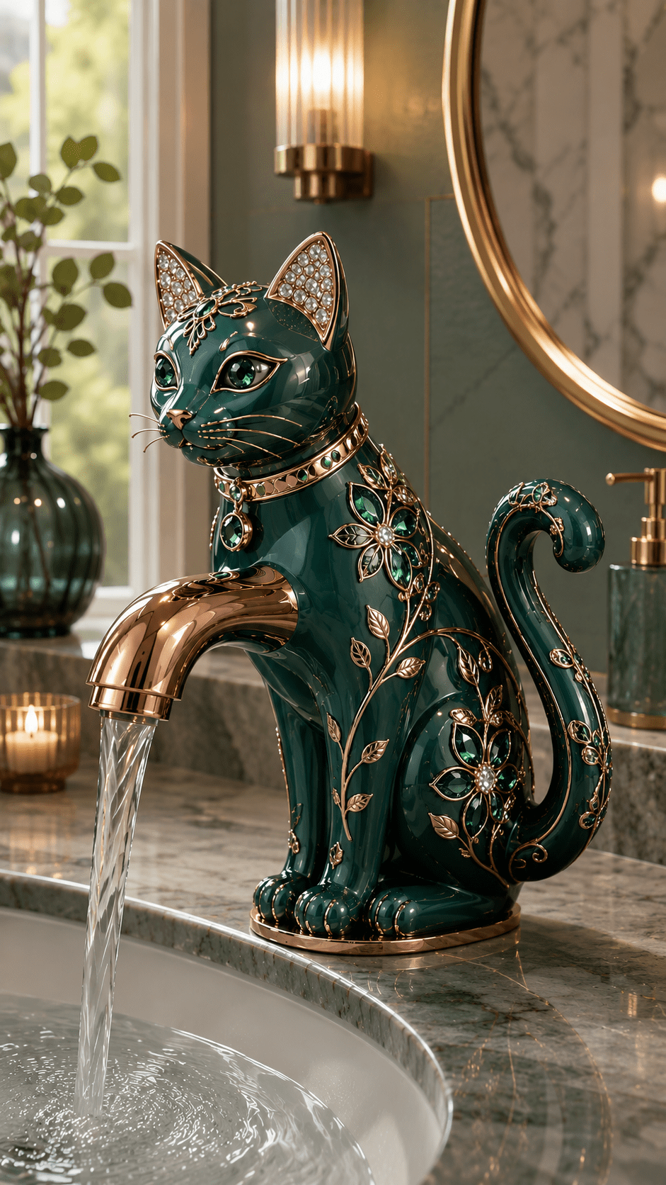 Emerald green luxury cat faucet with gold floral detailing creating a luxurious statement in a modern bathroom.
