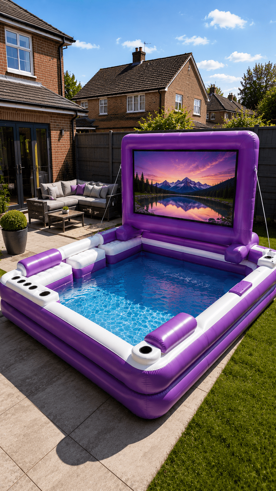 Purple inflatable movie screen pool featuring a large built-in cinema screen in a suburban garden.