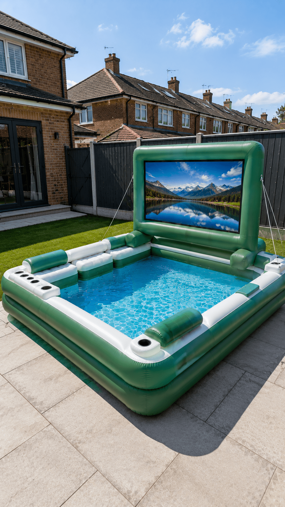 Green inflatable movie screen pool designed for outdoor films, family entertainment and summer garden fun.