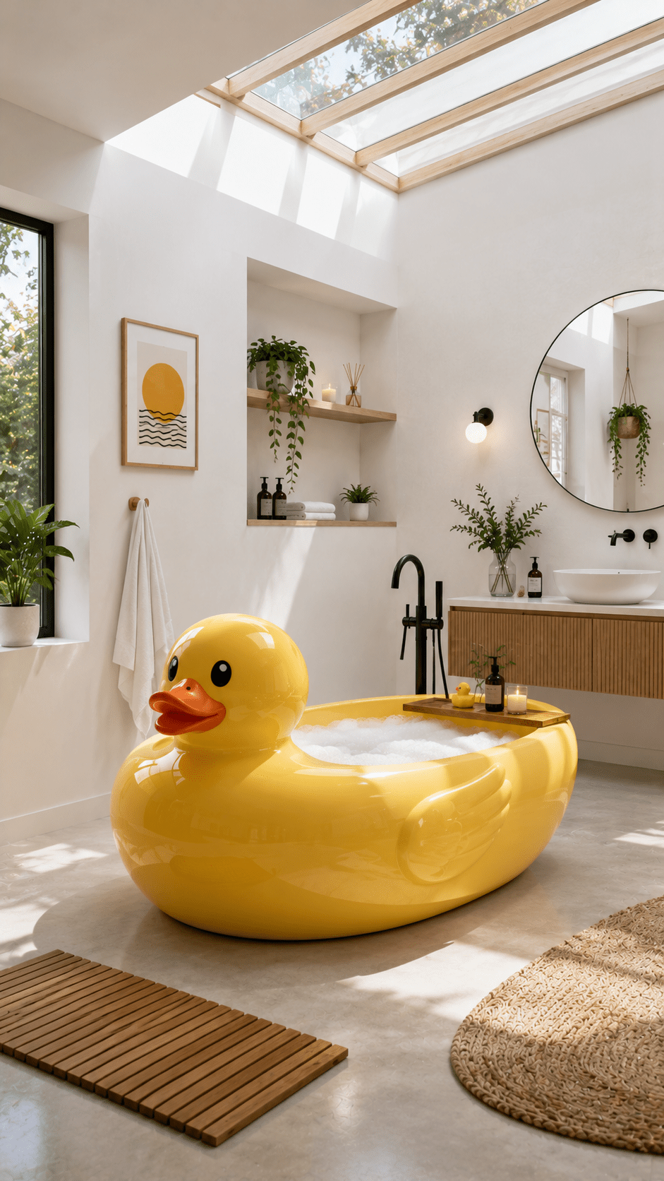 Modern white bathroom with skylight showcasing a glossy Rubber Duck Bathtub, wooden accents and minimalist décor.