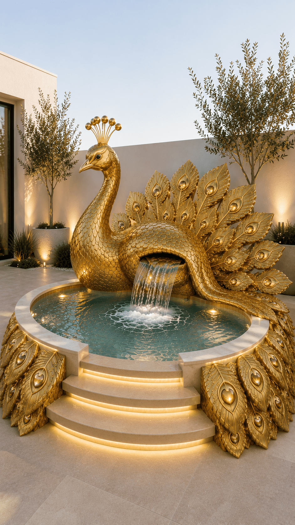 Gold peacock hot tub with waterfall, illuminated spa steps and luxurious outdoor garden setting.