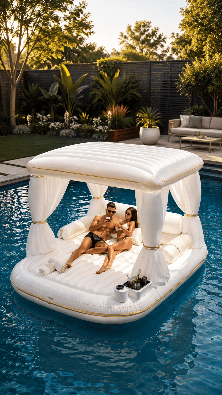 Spacious white inflatable daybed with shaded canopy providing a luxury experience in a contemporary pool.