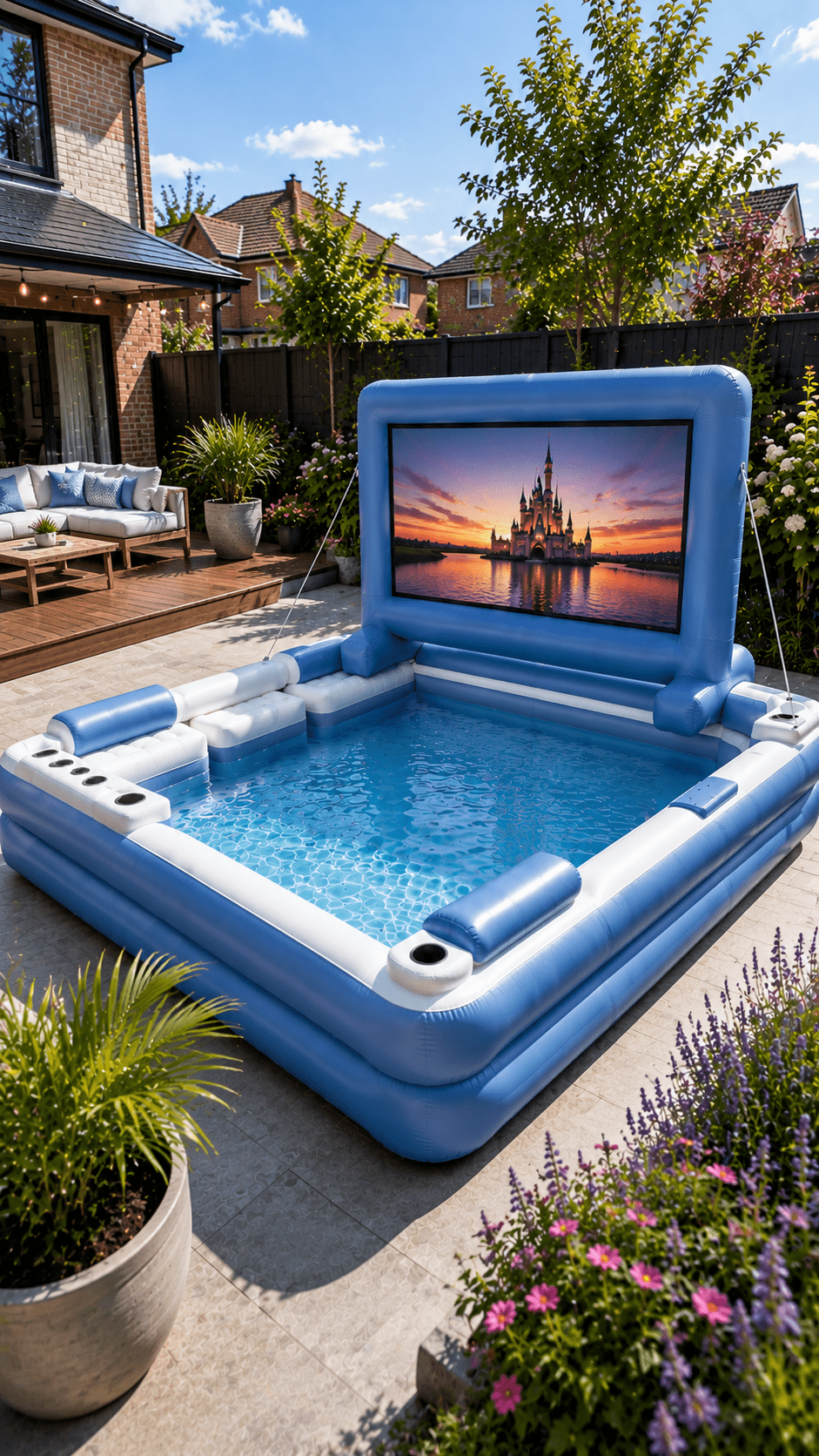 Blue inflatable movie screen pool with integrated cinema screen creating the perfect outdoor movie experience.