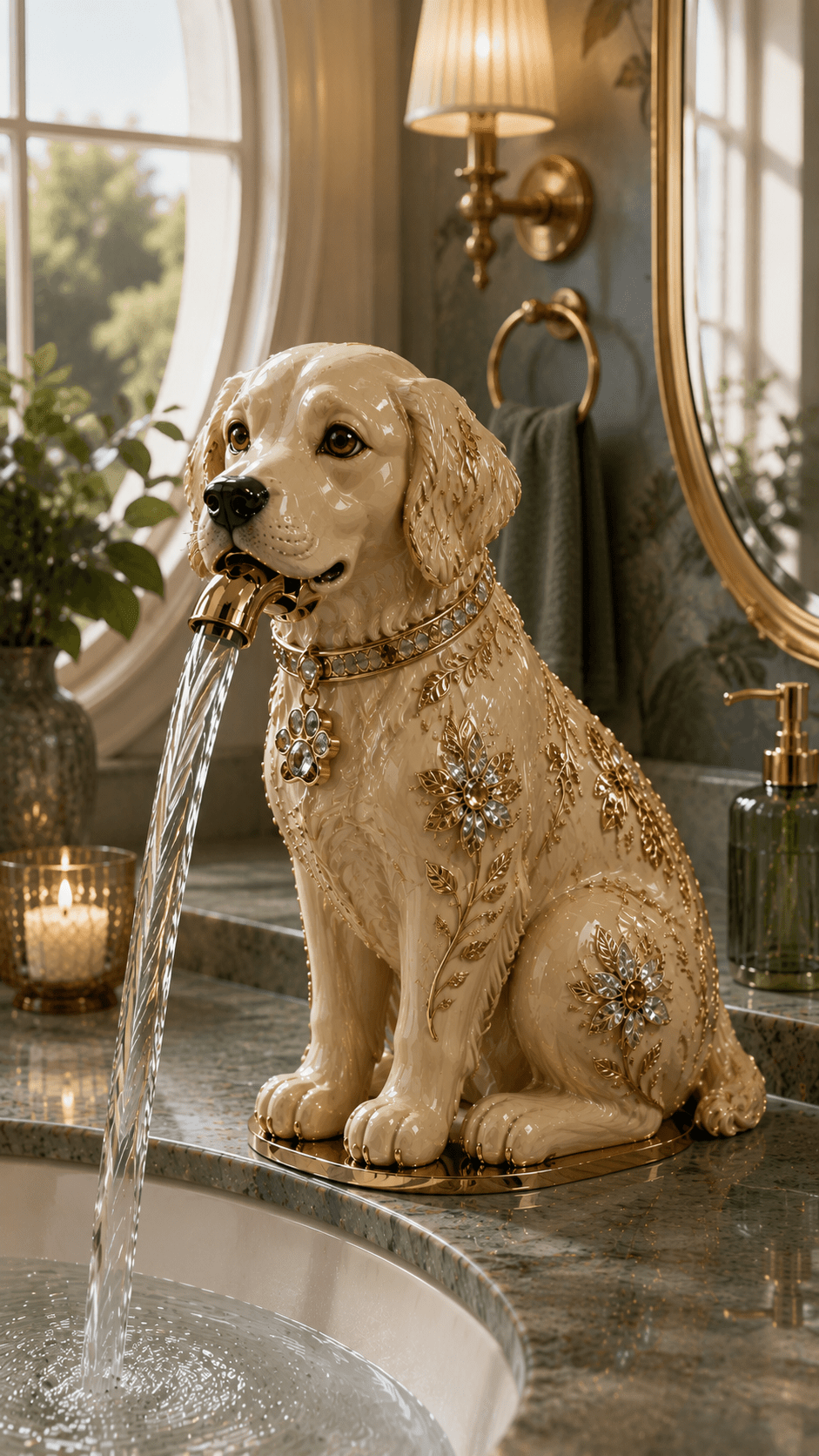 Cream Golden Retriever designer bathroom faucet with ornate gold detailing and flowing water over a marble countertop.