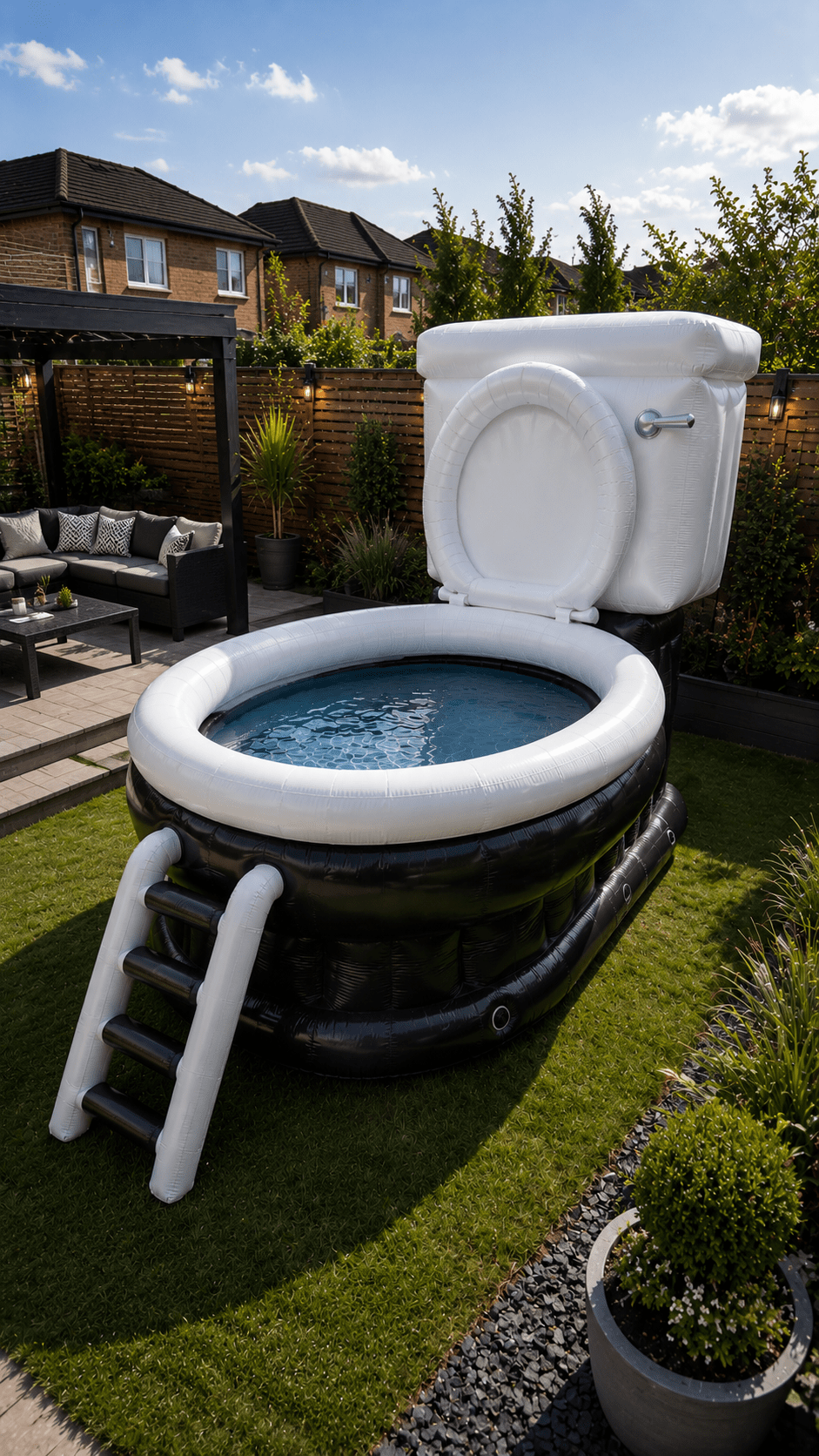 Black inflatable toilet paddling pool in a modern garden with outdoor seating and decorative landscaping.