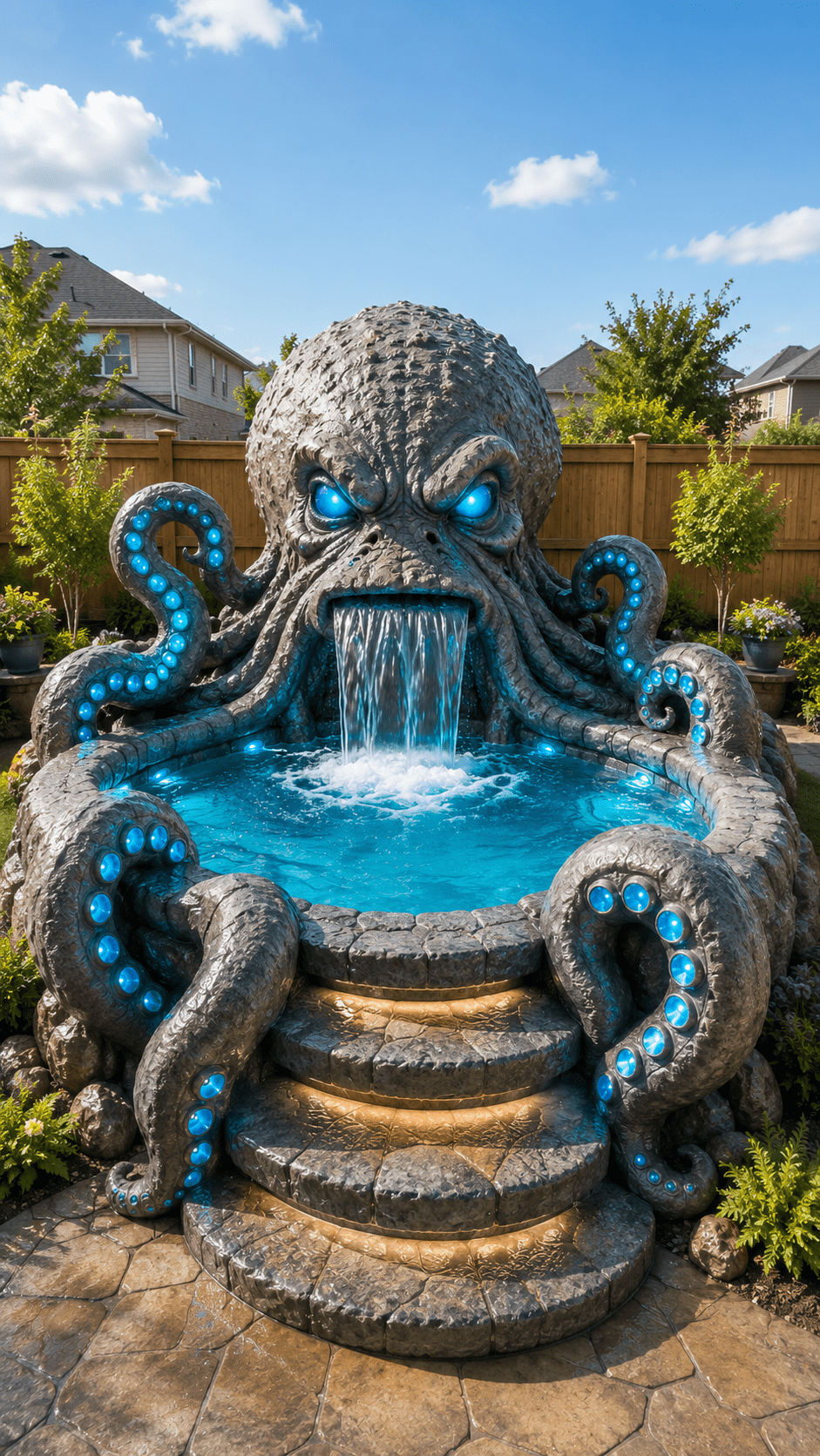 Grey stone octopus hot tub with bright blue LED lighting, waterfall feature and luxury landscaped garden surroundings.