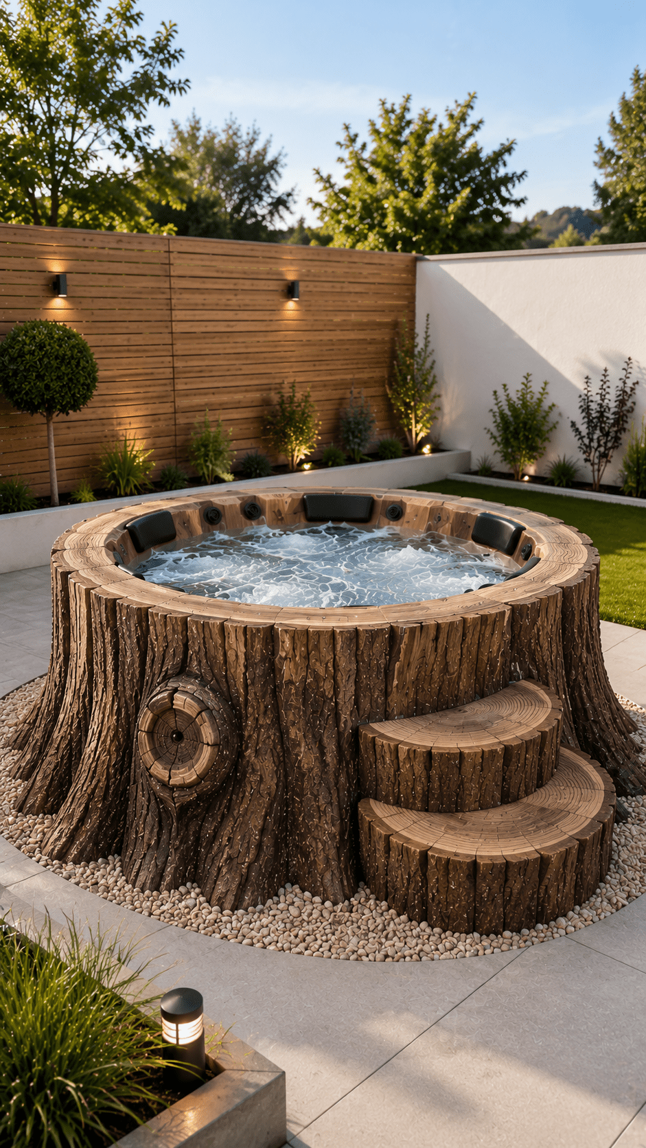 Tree stump hot tub installed in a contemporary garden with wooden fencing, landscaped planting and modern paving.