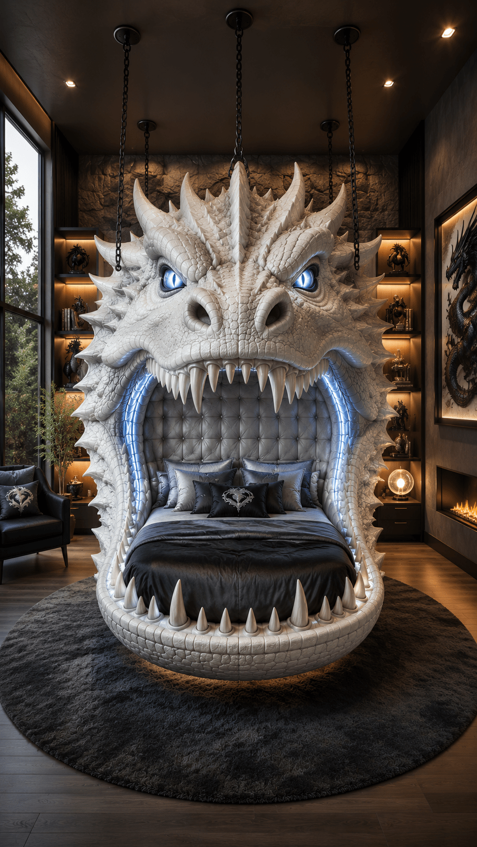 White dragon head hanging bed featuring glowing blue lighting and elegant fantasy bedroom styling.
