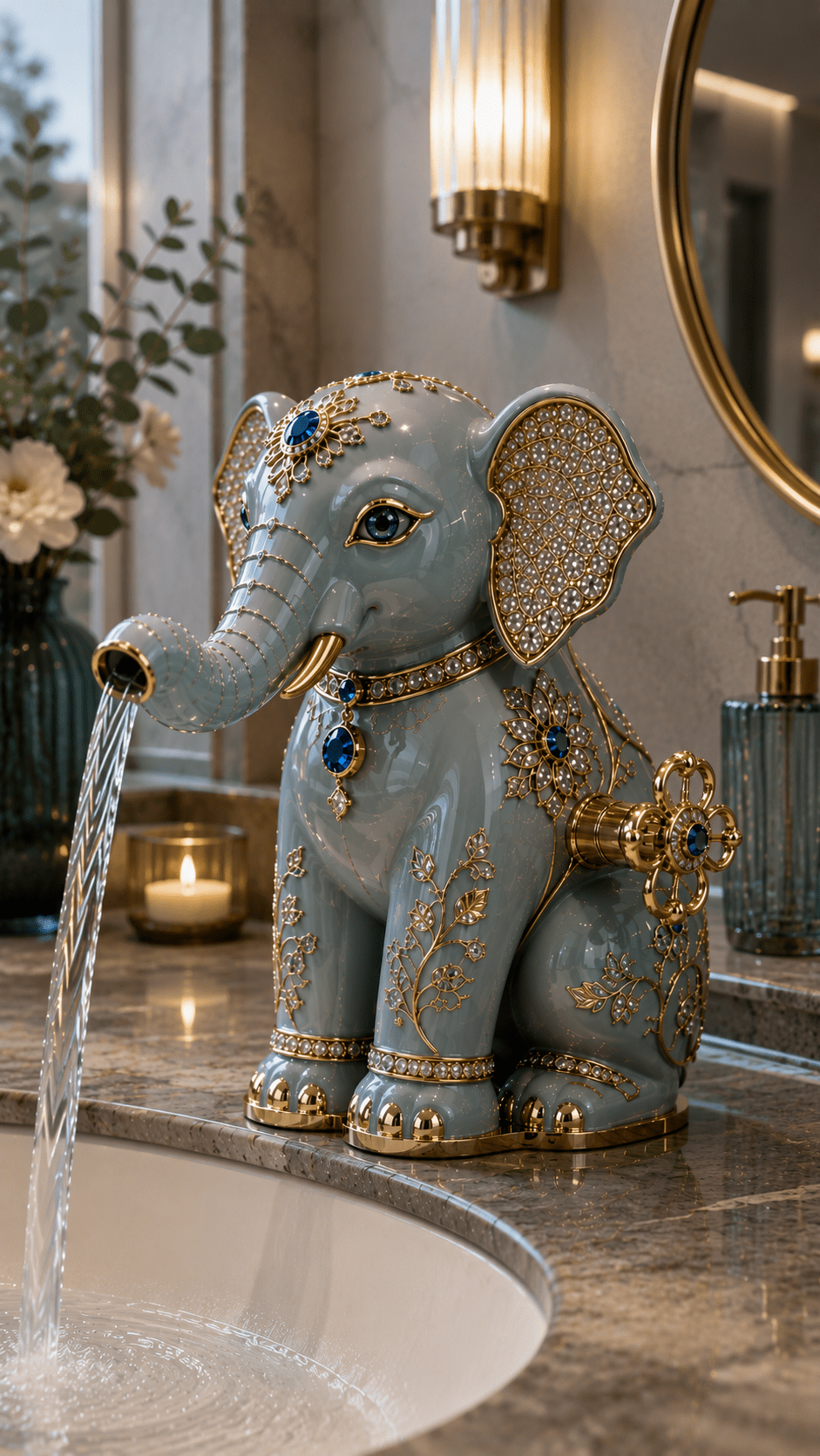 Soft blue luxury elephant faucet with gold floral detailing and blue gemstones, adding elegance to a contemporary marble bathroom.
