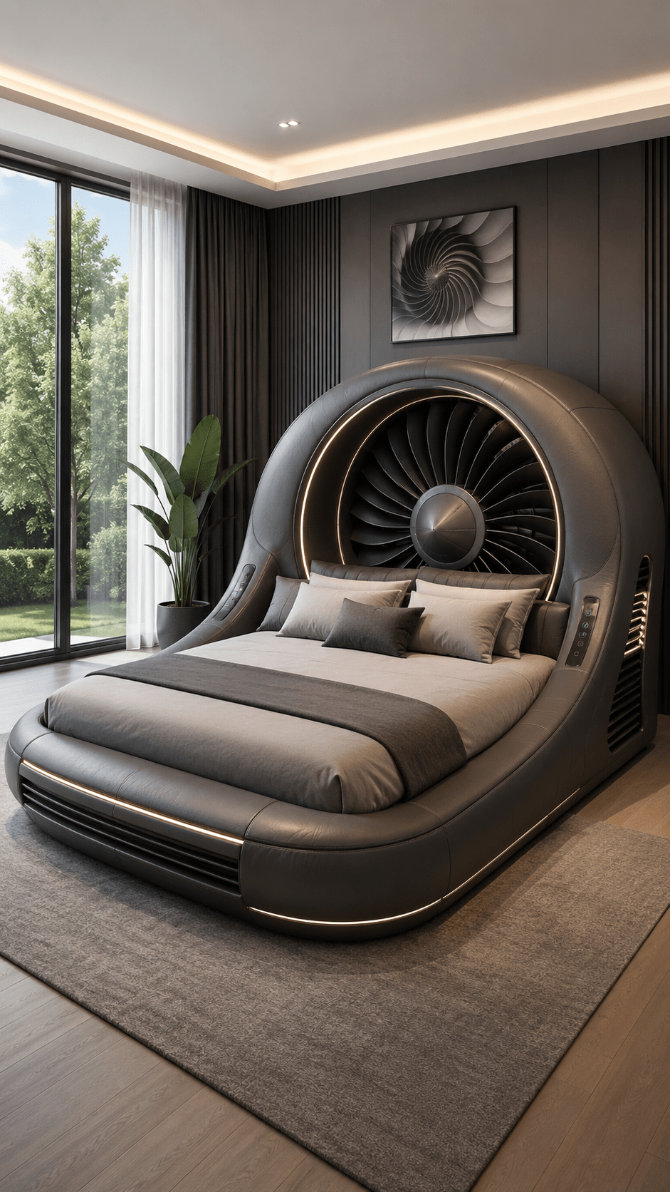 Modern charcoal grey turbine engine bed featuring jet engine inspired headboard and ambient lighting.
