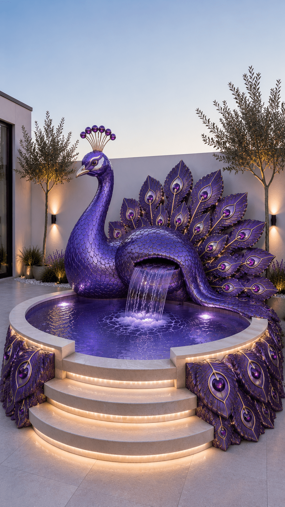 Purple peacock luxury hot tub featuring cascading waterfall, decorative feather detailing and ambient garden lighting.