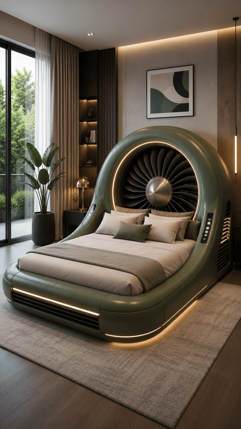 Olive green turbine engine bed with glowing LED accents in a stylish contemporary bedroom interior.