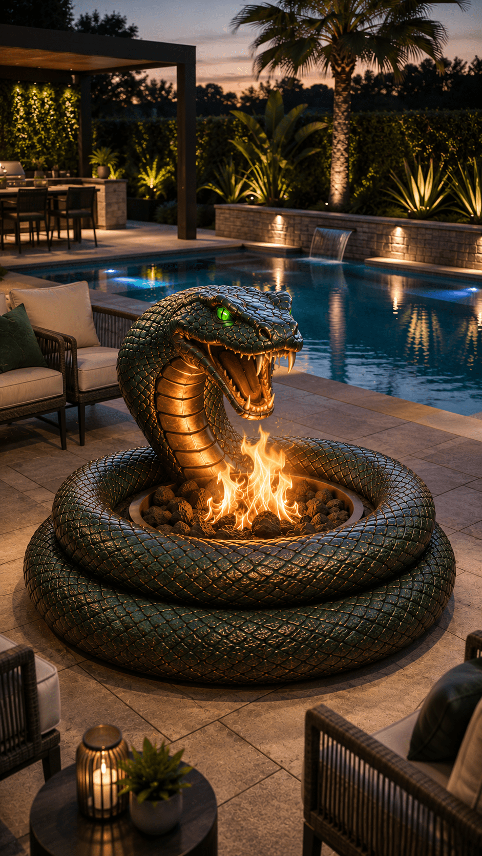 Large emerald green snake fire pit sculpture beside a luxury swimming pool in a modern landscaped garden at dusk.
