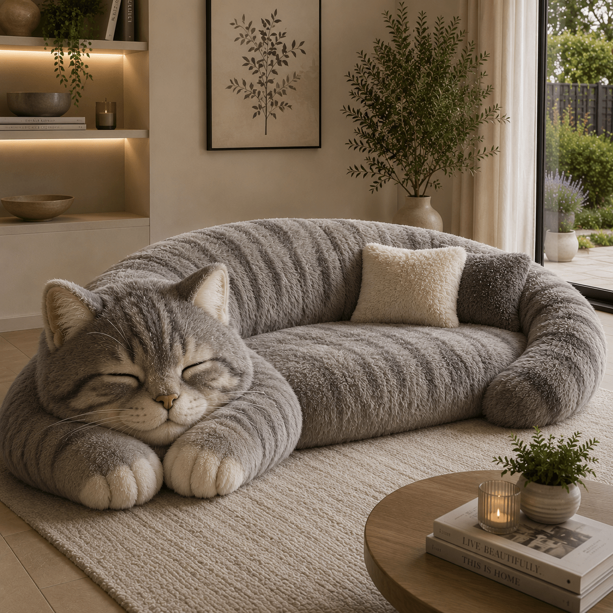 Soft grey cat-shaped plush sofa with cosy seating in a modern neutral living room.