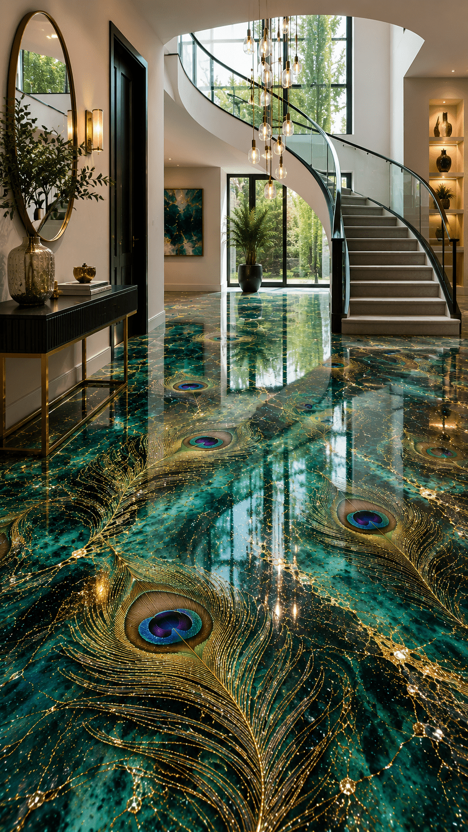 Grand entrance hall with emerald peacock feather resin flooring, sweeping staircase and luxurious contemporary interior design.