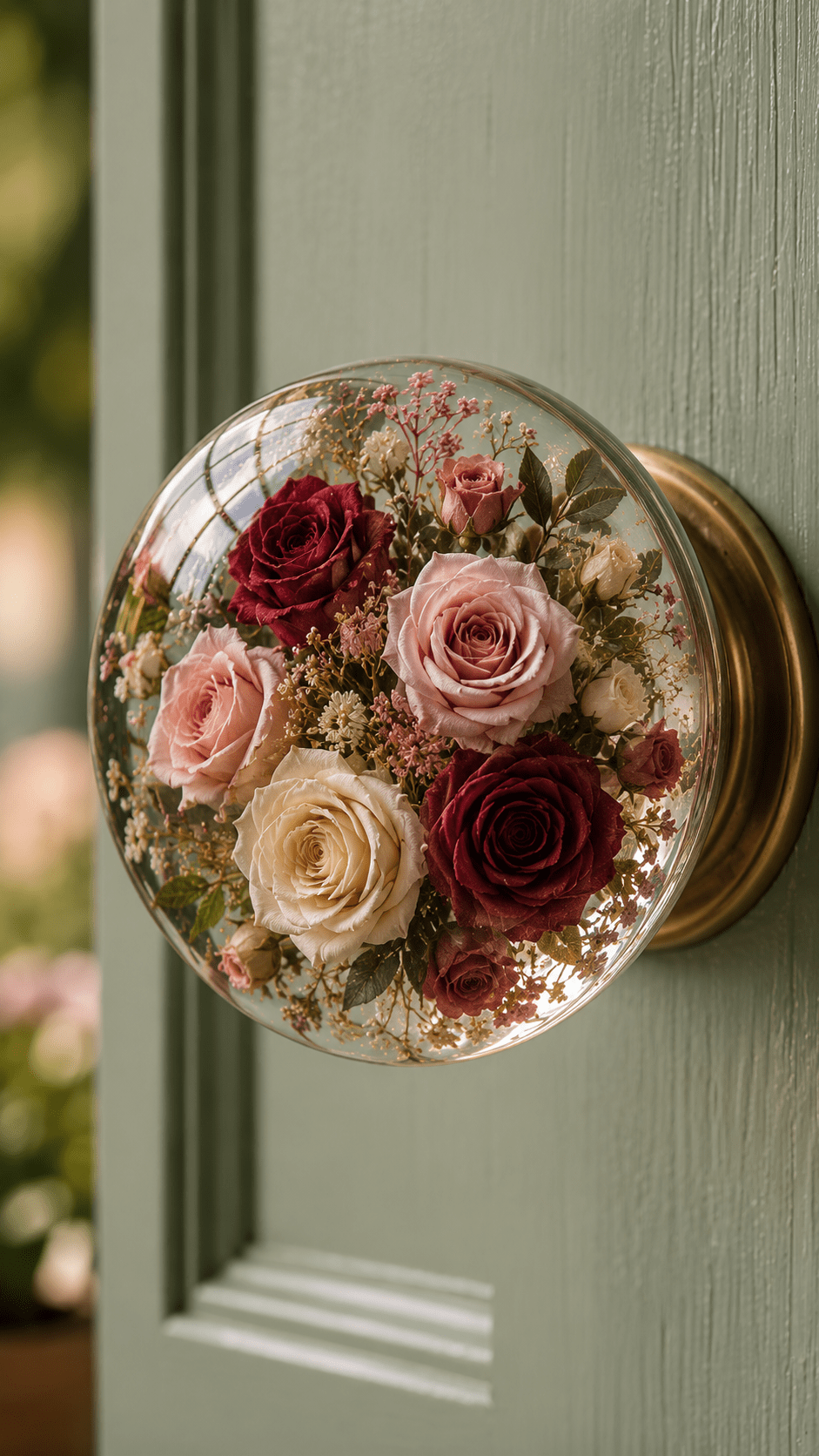 Elegant floral resin door knob with blush pink, cream and burgundy roses preserved inside crystal-clear resin.