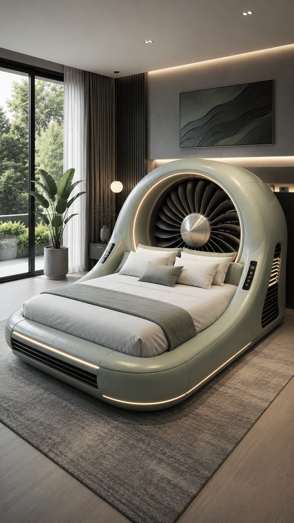 Contemporary sage green turbine engine bed with aircraft turbine headboard and integrated LED lighting.