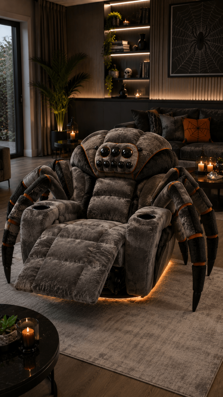 Plush grey Spider Recliner Chair with reclining footrest, spider legs and warm ambient lighting in a modern living room.