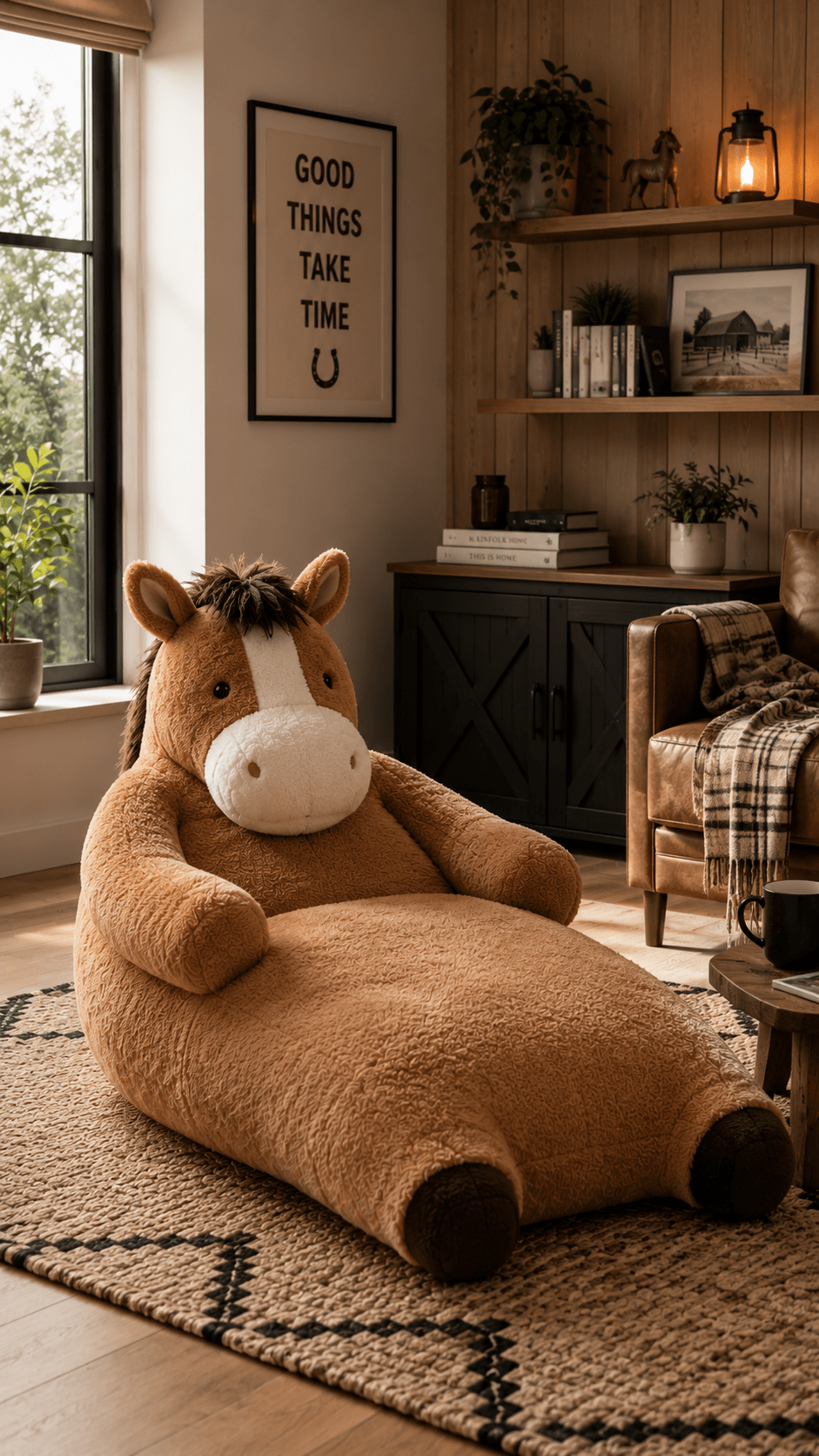 Brown horse-shaped plush sofa displayed in a rustic farmhouse-inspired living room with wooden furniture and warm décor.